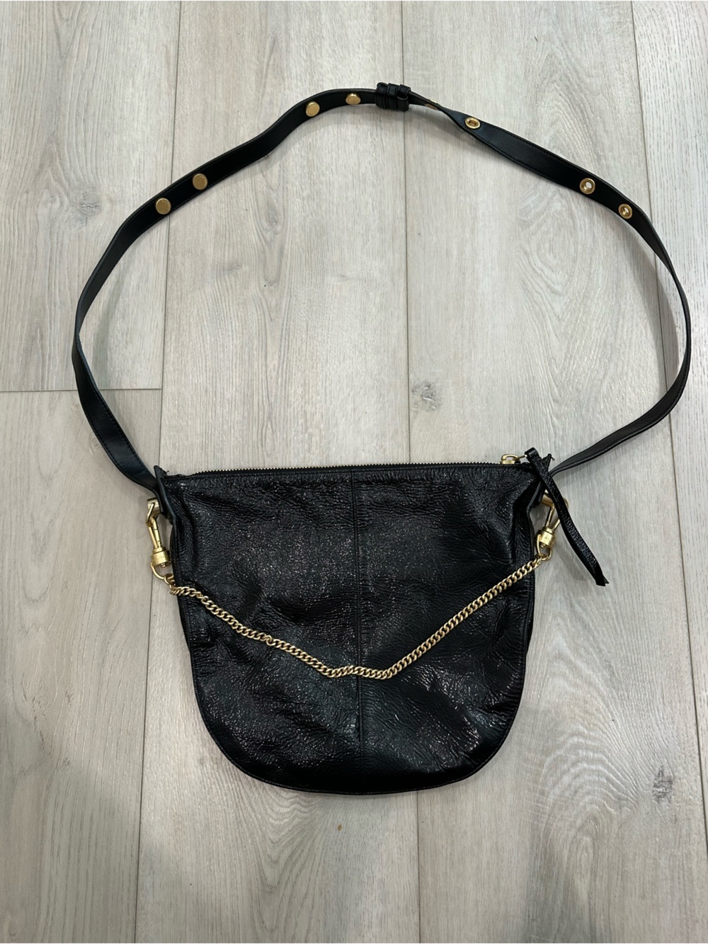 AllSaints Black Leather Crossbody Shoulder Bag Gold Hardware Adjustable Strap